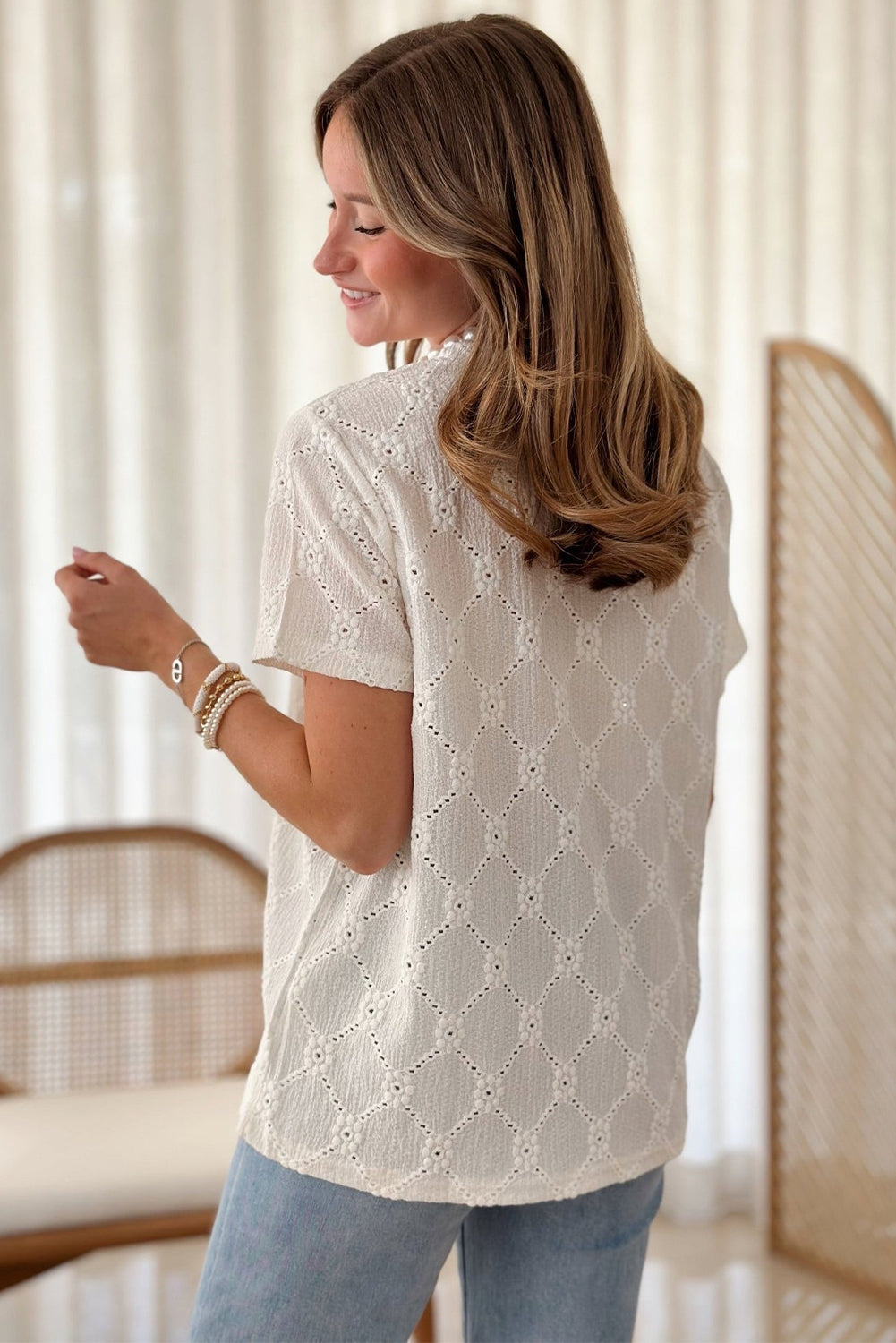 White Geometric Embroidered Slim Fit O Neck T Shirt 🇺🇲