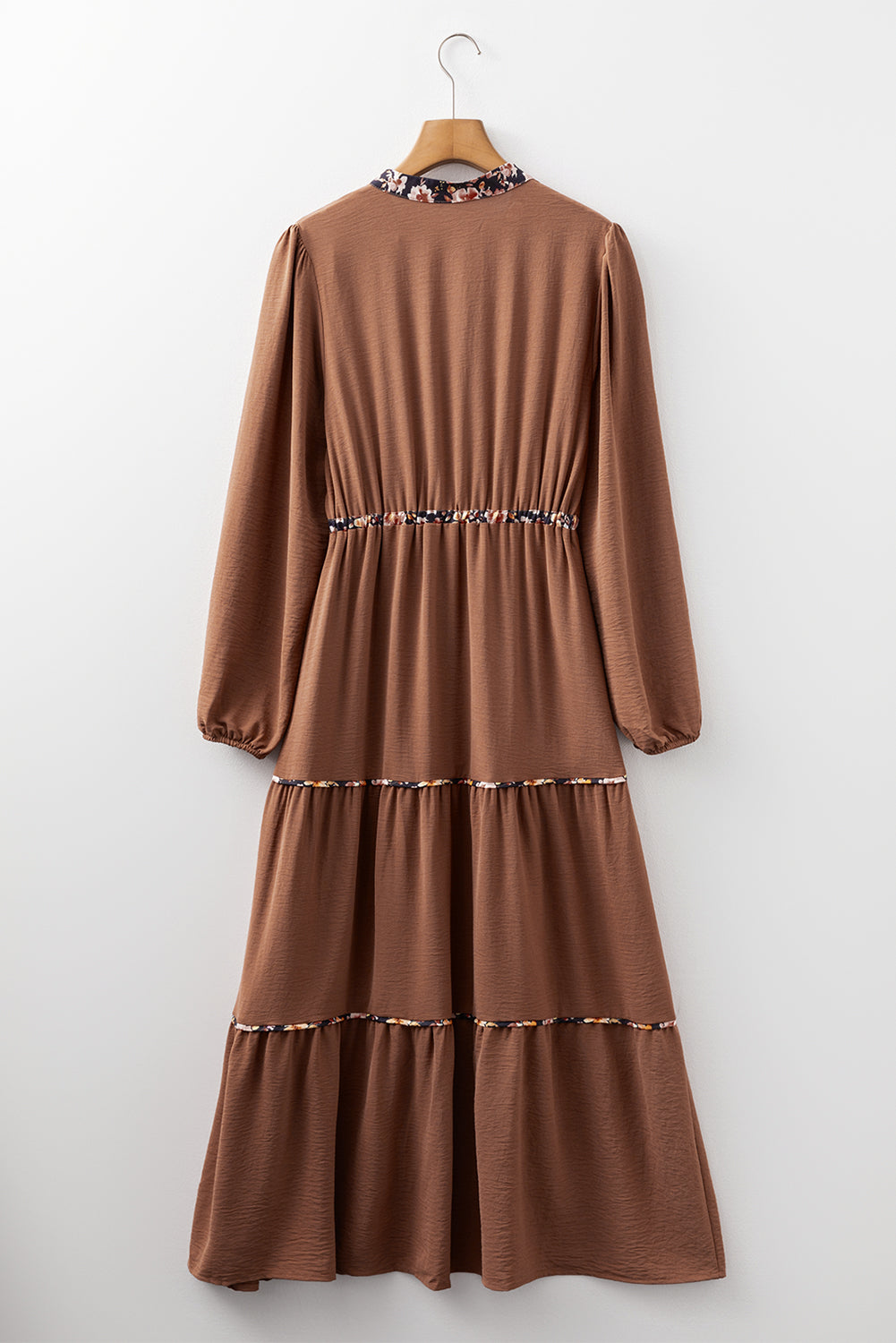Chestnut Floral Patchwork Detail Notched Neck Long Sleeve Maxi Dress 🇺🇸