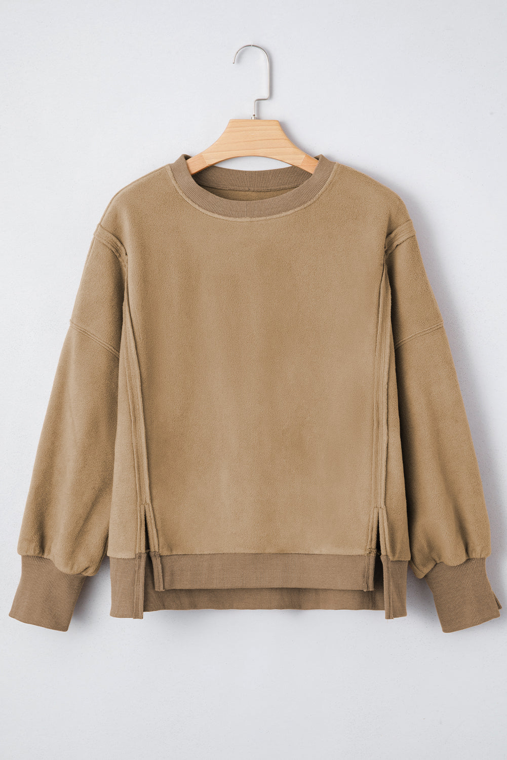 Dark Khaki Fuzzy Sherpa Splicing Pullover Sweatshirt with Side Slit 🇺🇸