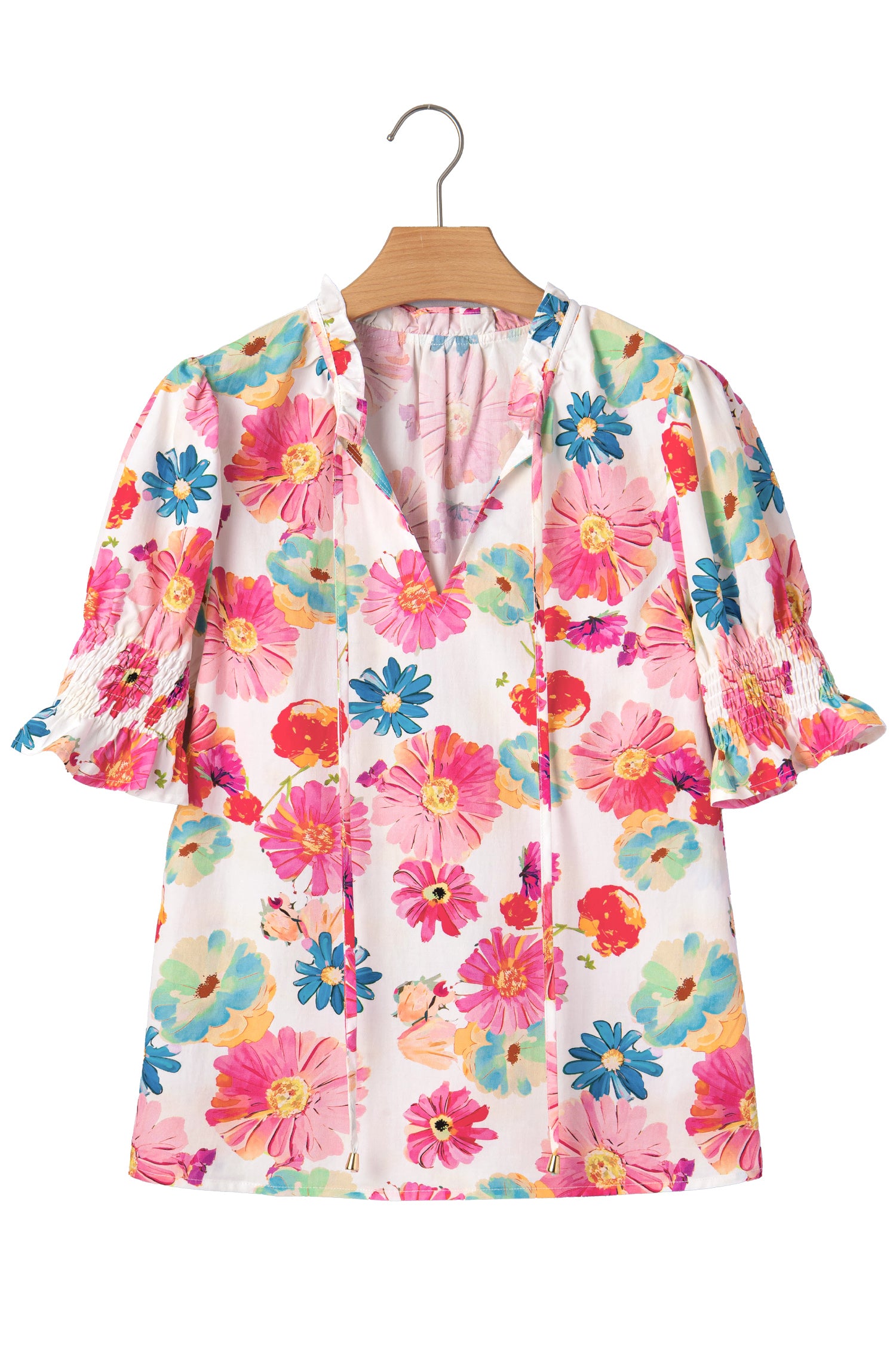 Beige Vibrant Summer Floral Tie V Neck Short Puff Sleeve Blouse 🇺🇸