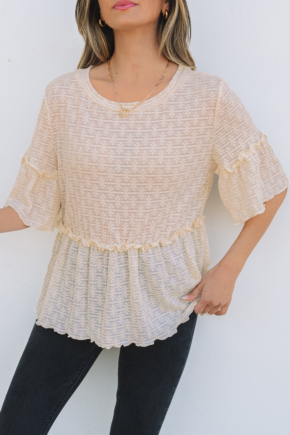 Beige Solid Color Textured Ruffled Short Sleeve Blouse 🇺🇸