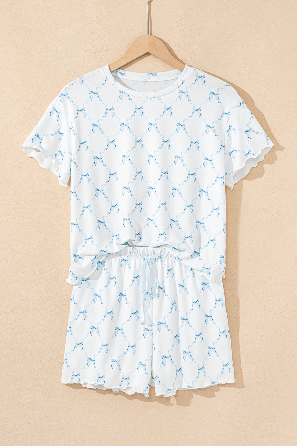 Sky Blue Bow Knot Geometric Print Lettuce Trim Two Piece Lounge Set 🇨🇳