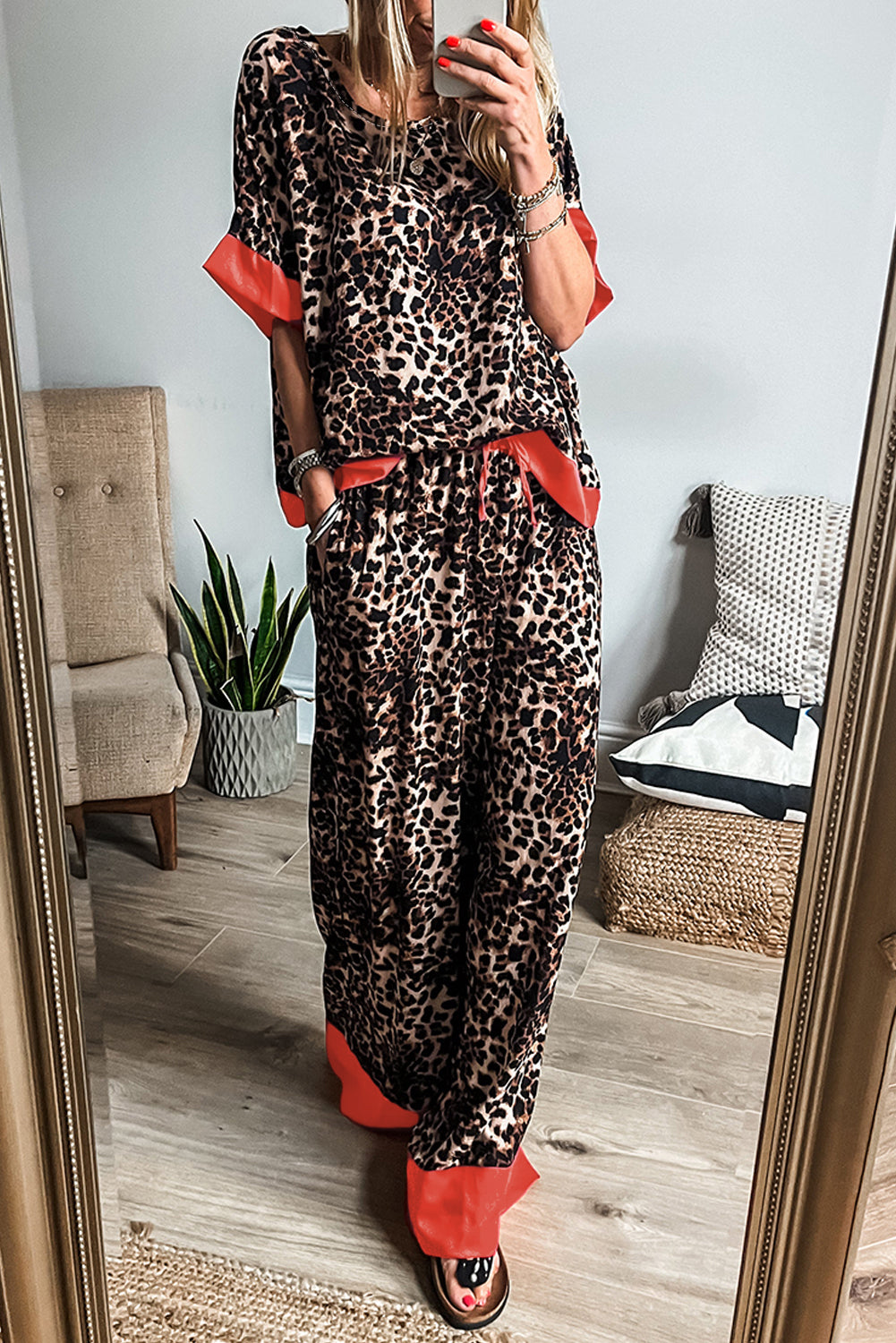 Brown Animal Print Color Contrast Edge Loose Fit Pants Set 🇺🇸
