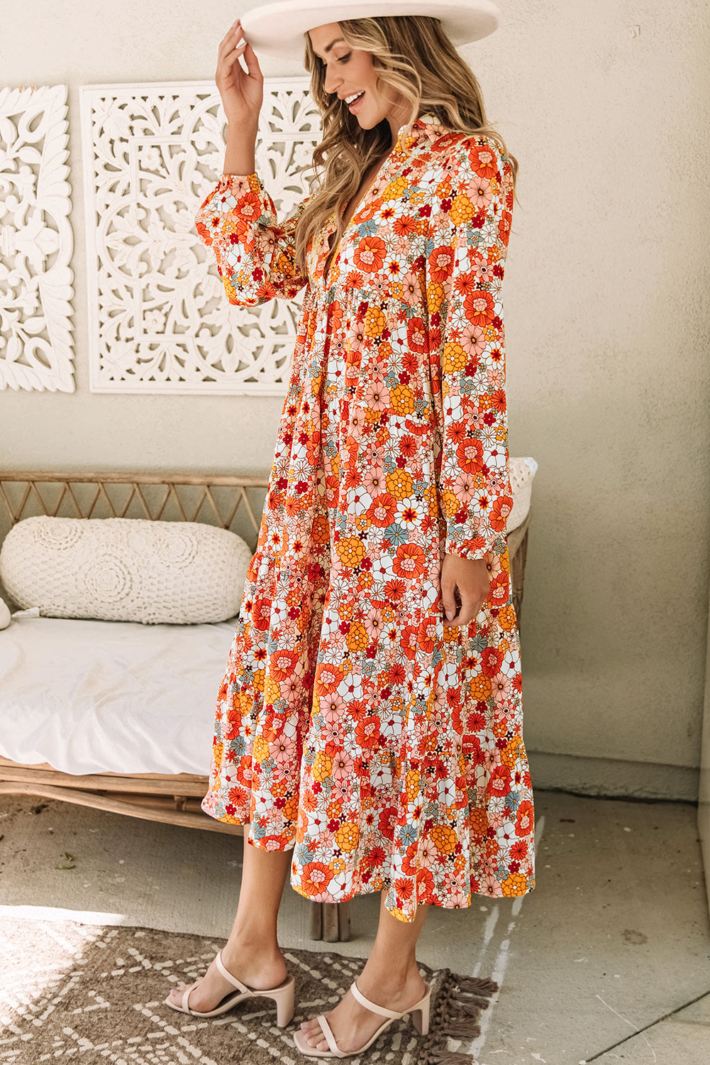 Multicolor Boho Floral Collared Long Sleeve Ruffled Dress 🇺🇸
