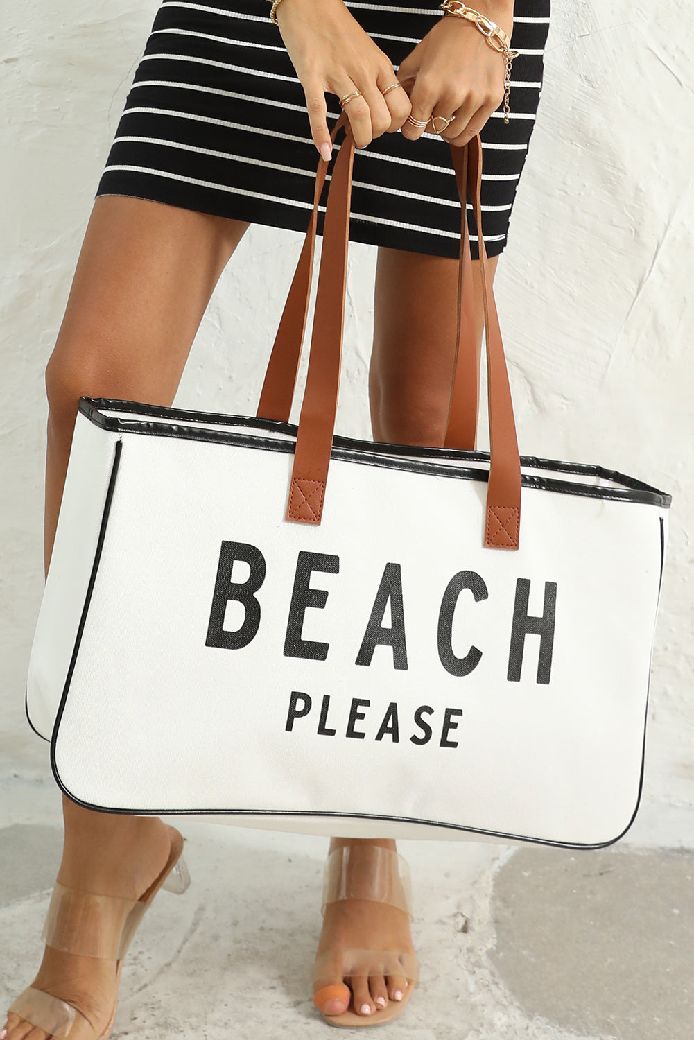 White BEACH PLEASE Print Large Canvas Tote Bag 🇨🇳