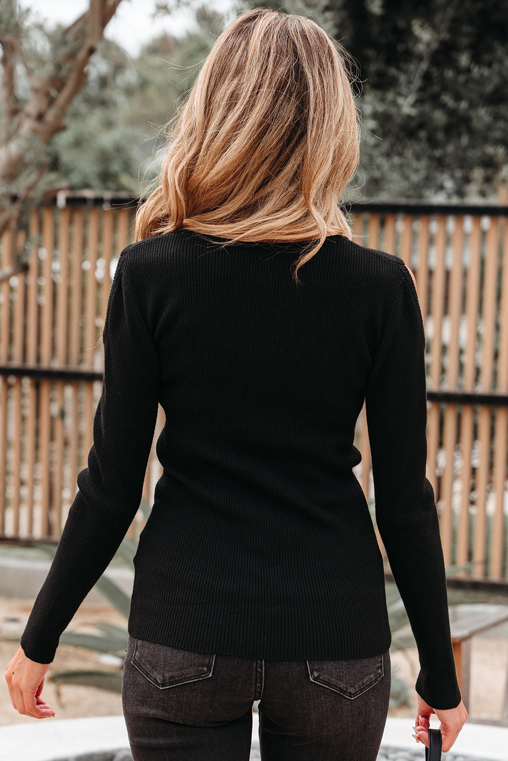Black Ribbed Knit Cold Shoulder Sweater 🇺🇸