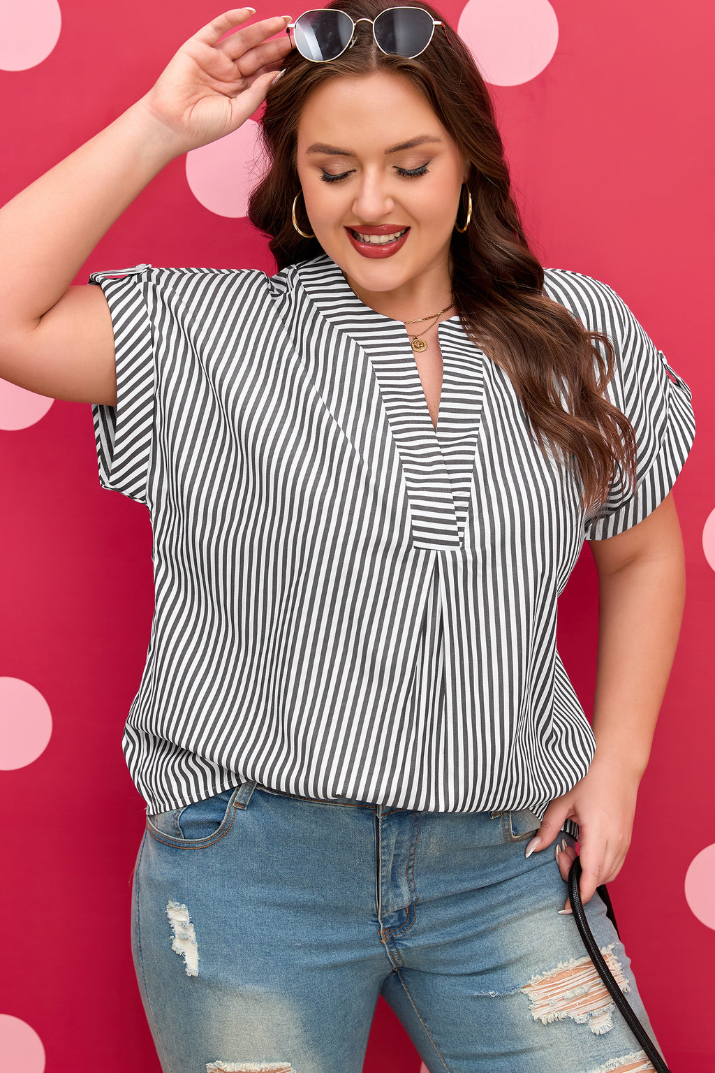 Black Stripe Plus Size V Neck Roll-tab Short Dolman Sleeve Blouse 🇺🇸