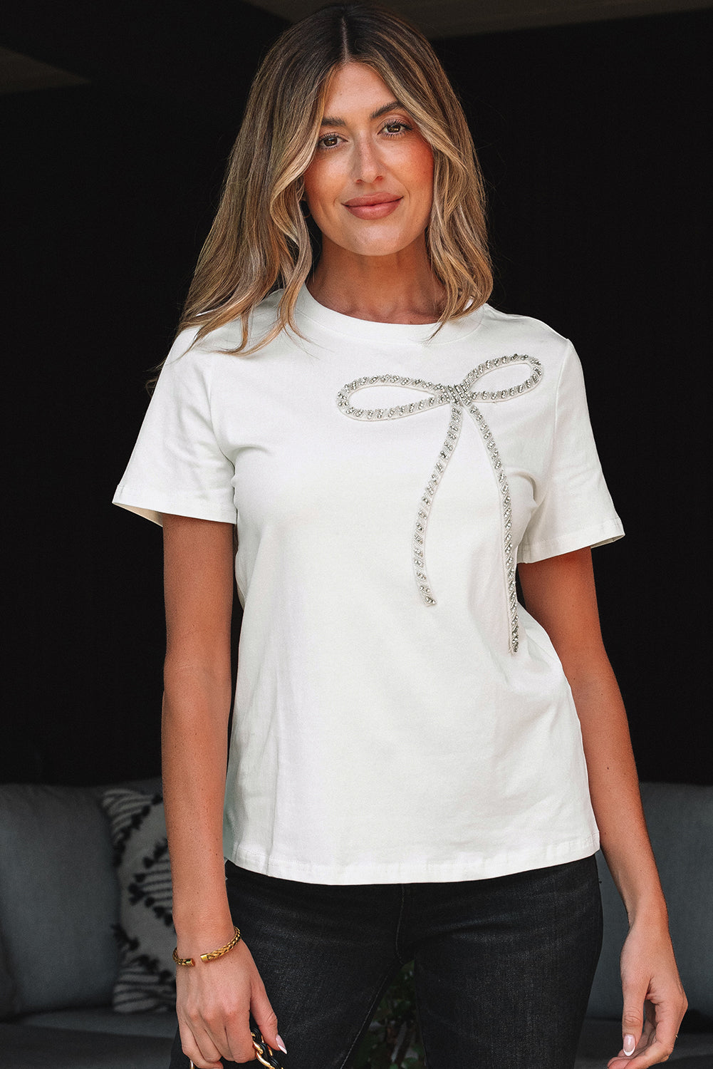 White Rhinestone Bow Embellished Round Neck Tee 🇨🇳