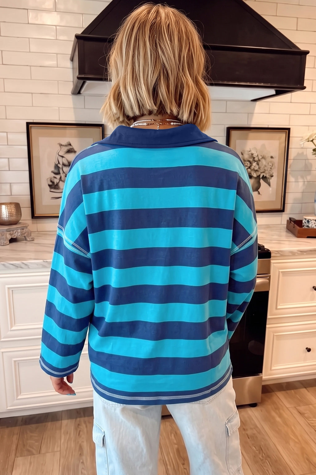 Blue Stripe Contrast Polo Collar Bracelet Sleeve Loose Top 🇺🇸