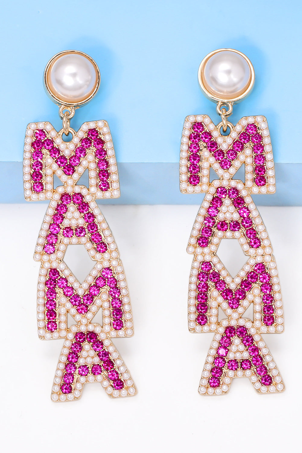 Rose Red MAMA Rhinestone Pearl Dangle Stud Earrings 🇨🇳