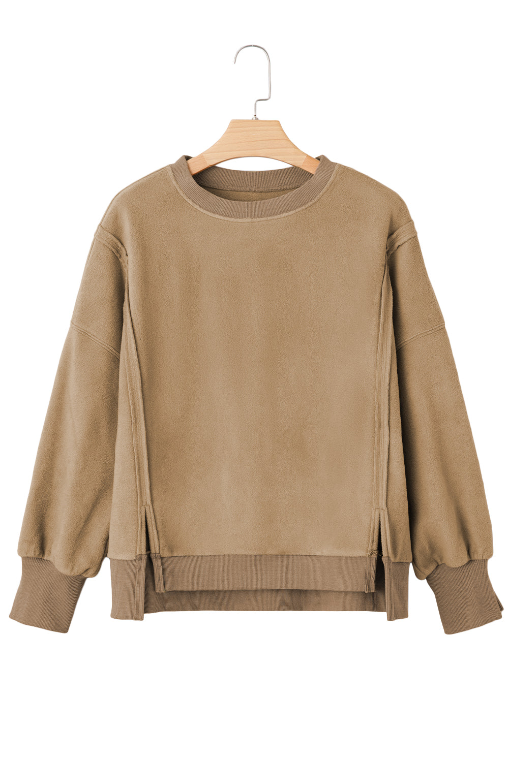 Dark Khaki Fuzzy Sherpa Splicing Pullover Sweatshirt with Side Slit 🇺🇸