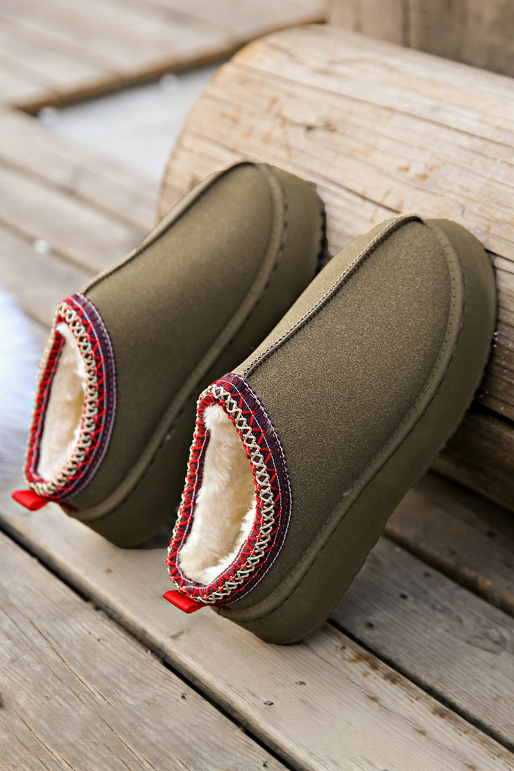 Sage Green Contrast Print Suede Plush Lined Boots/slippers 🇨🇳