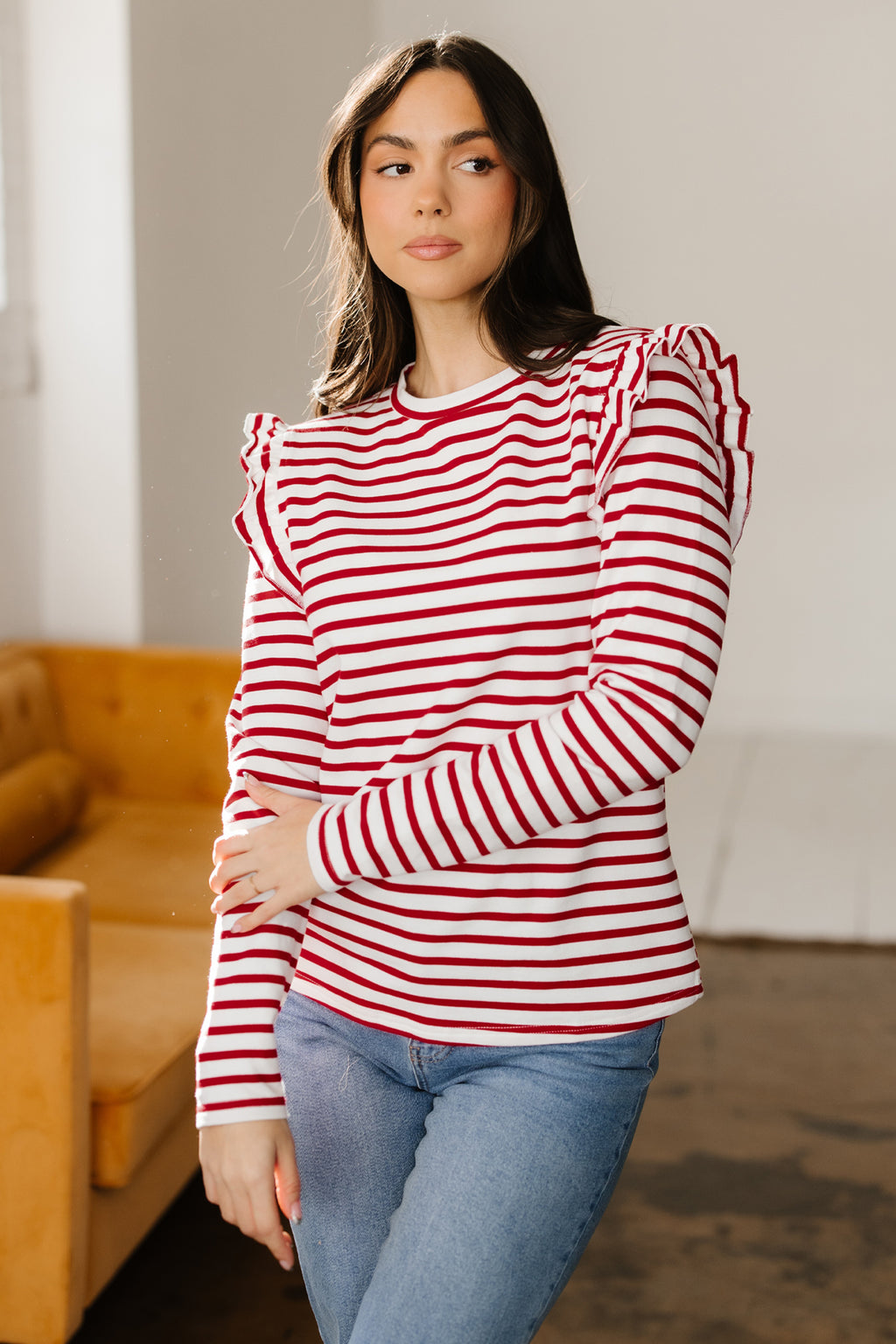 Red Stripe Round Neck Ruffle Trim Long Sleeve Top 🇺🇸