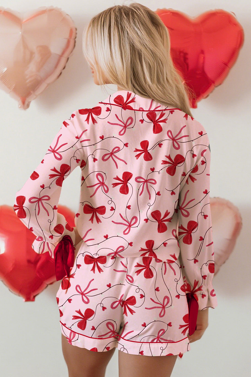 Red Bow Print Long Sleeve Shirt Shorts 2 Pcs Pajama Set 🇺🇸