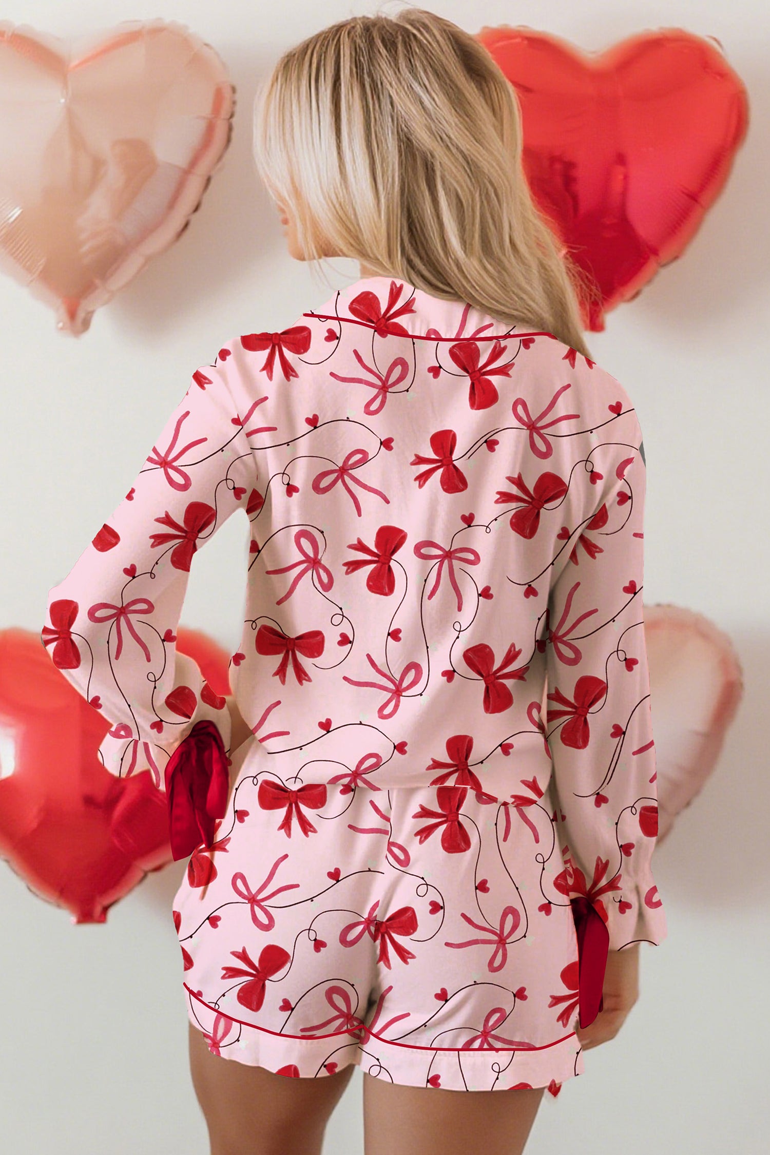 Red Bow Print Long Sleeve Shirt Shorts 2 Pcs Pajama Set 🇺🇸