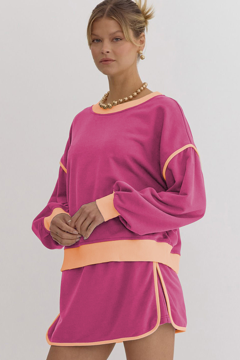Rose Red Color Contrast Loose Pullover and Lace-up Waist Skort Set 🇨🇳