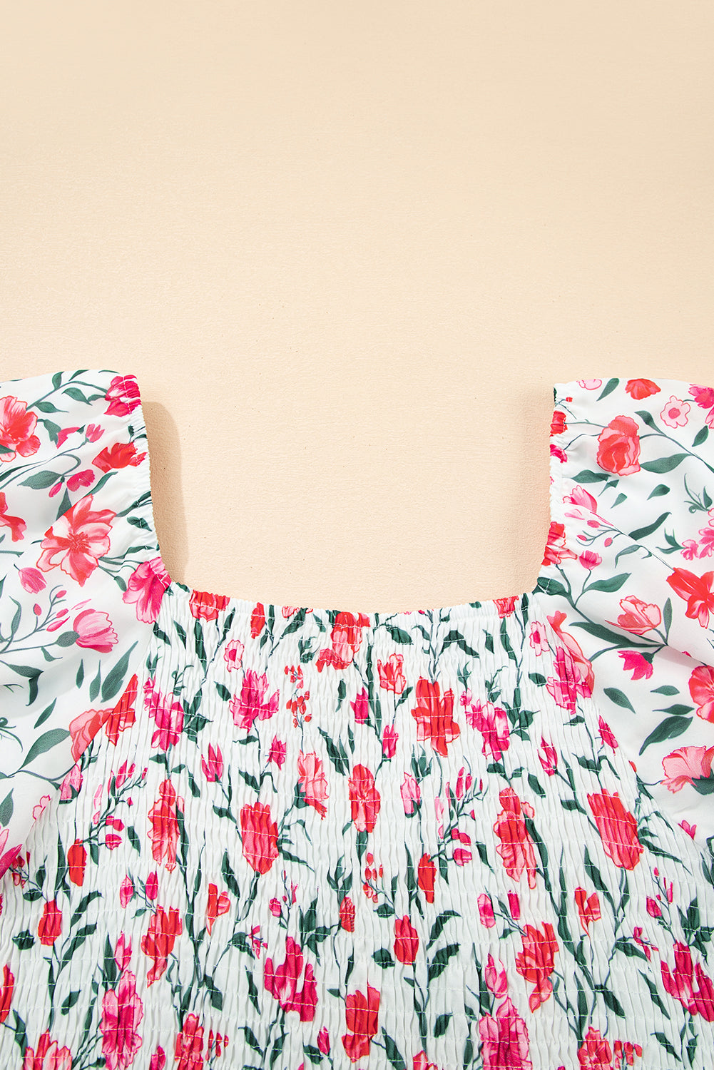 Pink Floral Puff Sleeve Square Neck Empire Waist Tiered Maxi Dress 🇨🇳