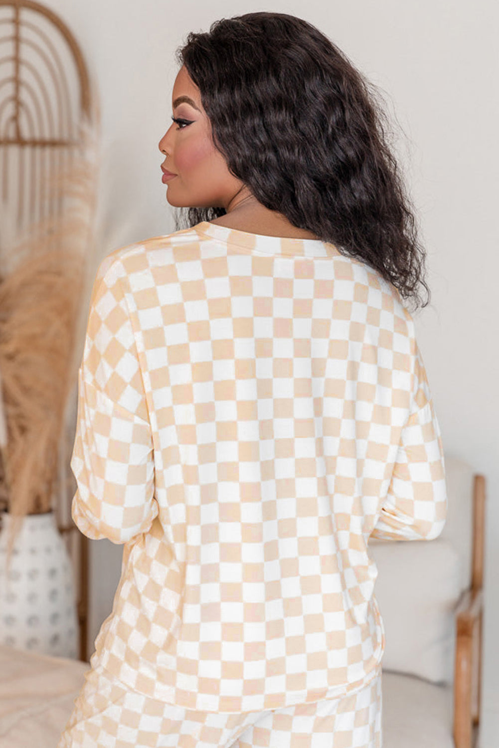 Beige Checkered Print Long Sleeve Top and Pants Lounge Set 🇨🇳