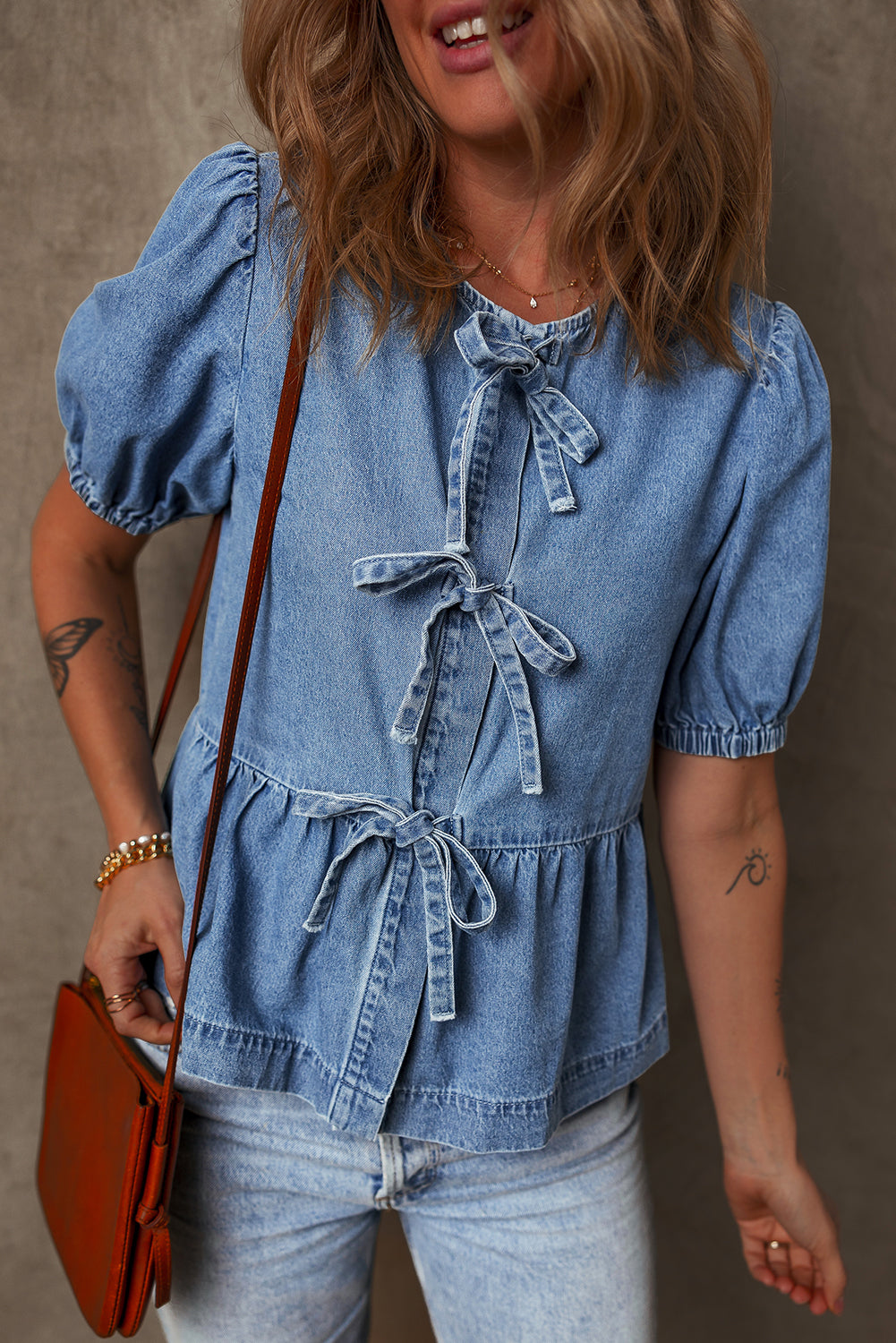 Dusk Blue Tied Front Bubble Sleeve Peplum Denim Shirt 🇨🇳