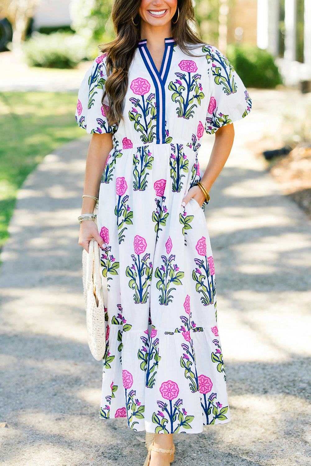 White Floral Puff Short Sleeve V Neck High Waist Maxi Dress 🇨🇳