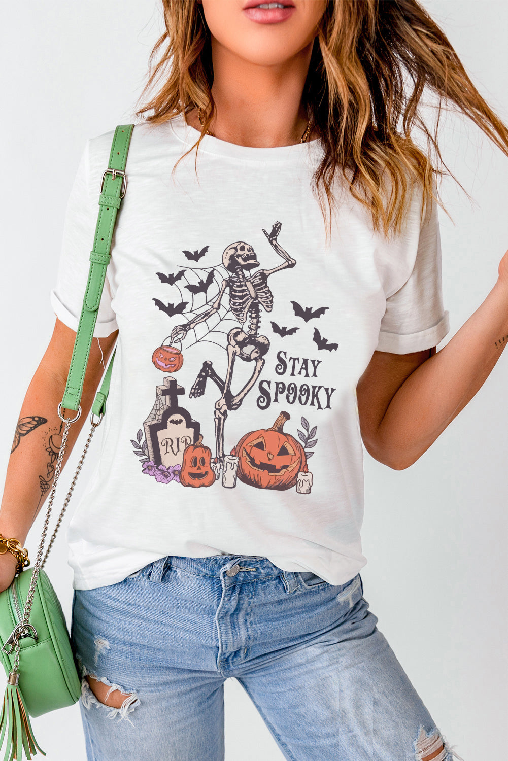 White Skull Pumpkin Face STAY SPOOKY Graphic Halloween T Shirt 🇺🇸