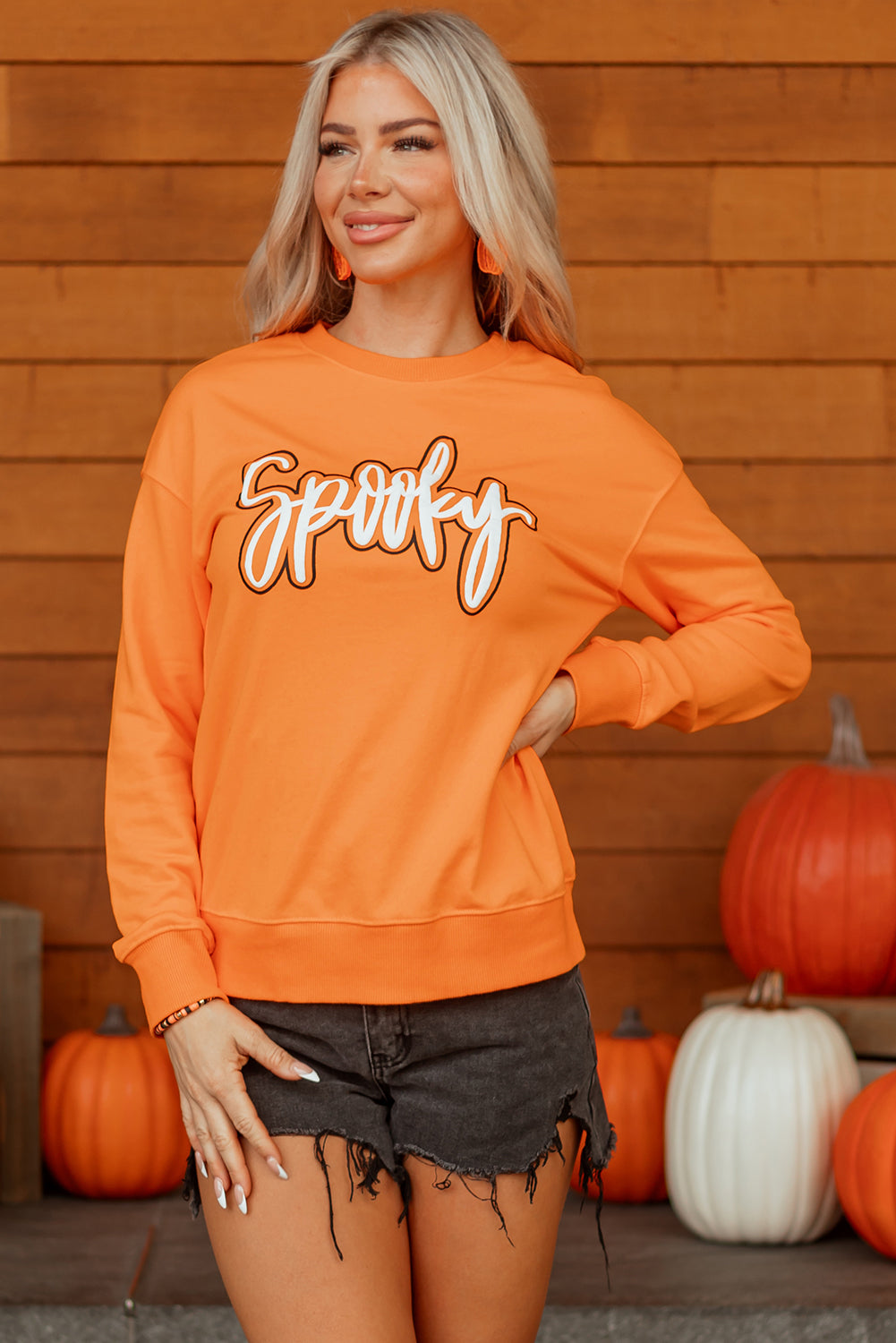 Grapefruit Orange Spooky Graphic Halloween Crew Neck Holiday Sweatshirt 🇺🇸