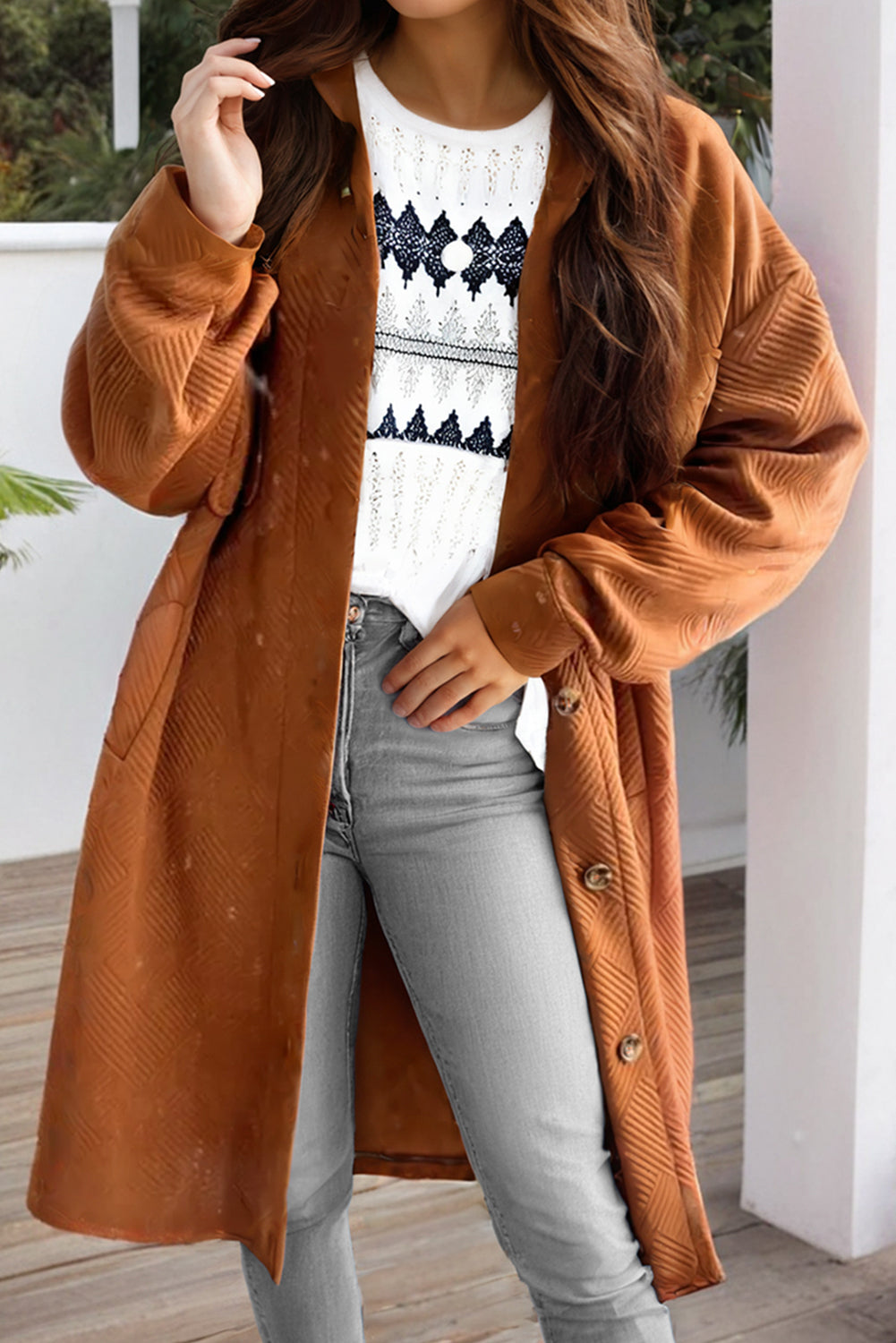 Gold Flame Textured Collared Drop Shoulder Buttoned Front Duster Coat 🇺🇸