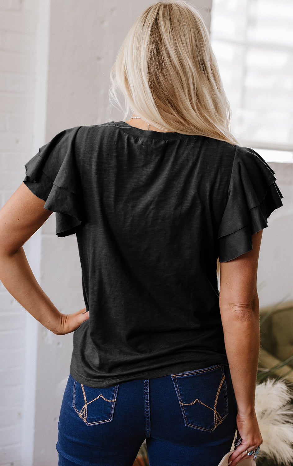 Black Layered Ruffle Short Sleeve Round Neck Top 🇨🇳