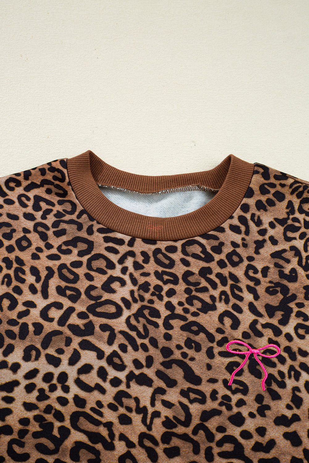 Coffee Leopard Print Contrast Trim Long Sleeve Top and Pants Set 🇺🇸