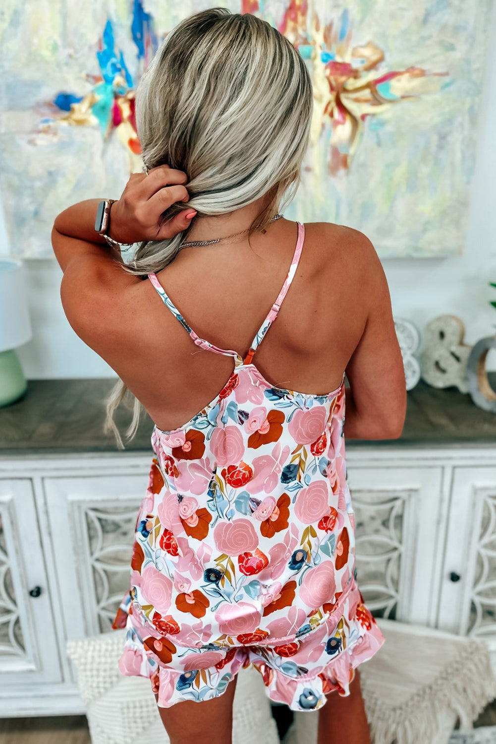 Multicolour Floral V Neck Cami Top and Ruffled Shorts Lounge Set 🇨🇳