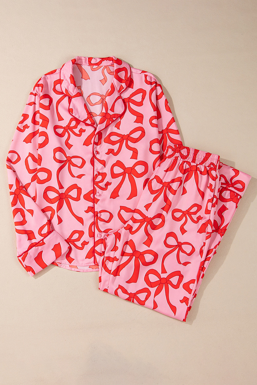 Pink 2pcs Bow Print Shirt Style Long Sleeve Pajama Set 🇺🇸