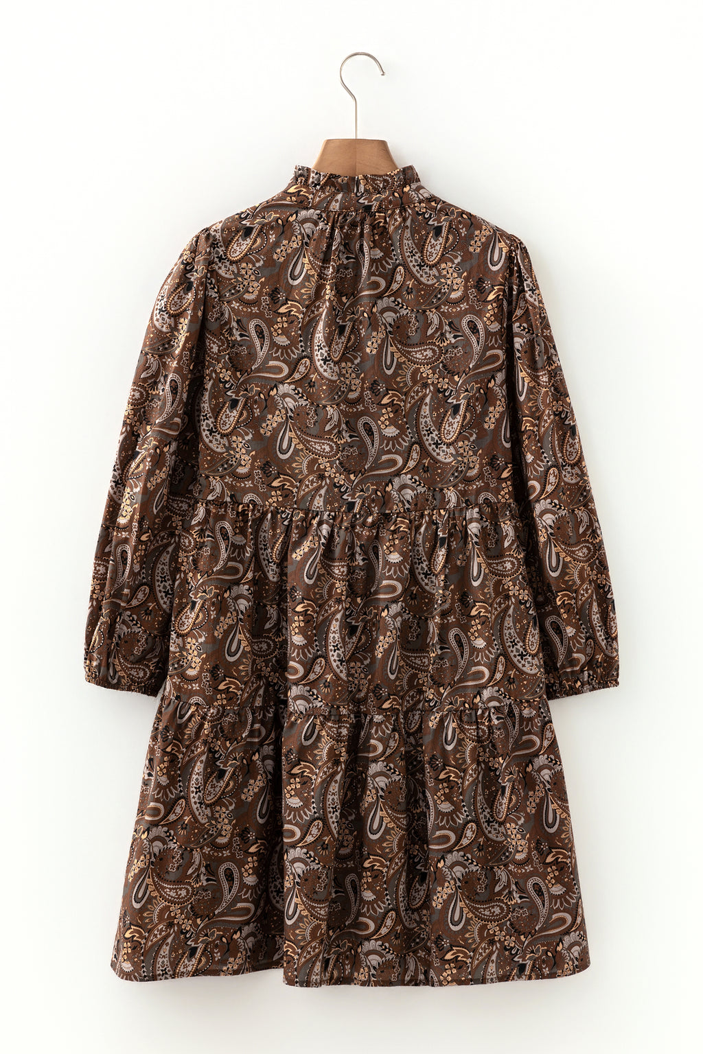Brown Paisley Print Half Buttons Puff Sleeve Flowy Short Dress 🇺🇸