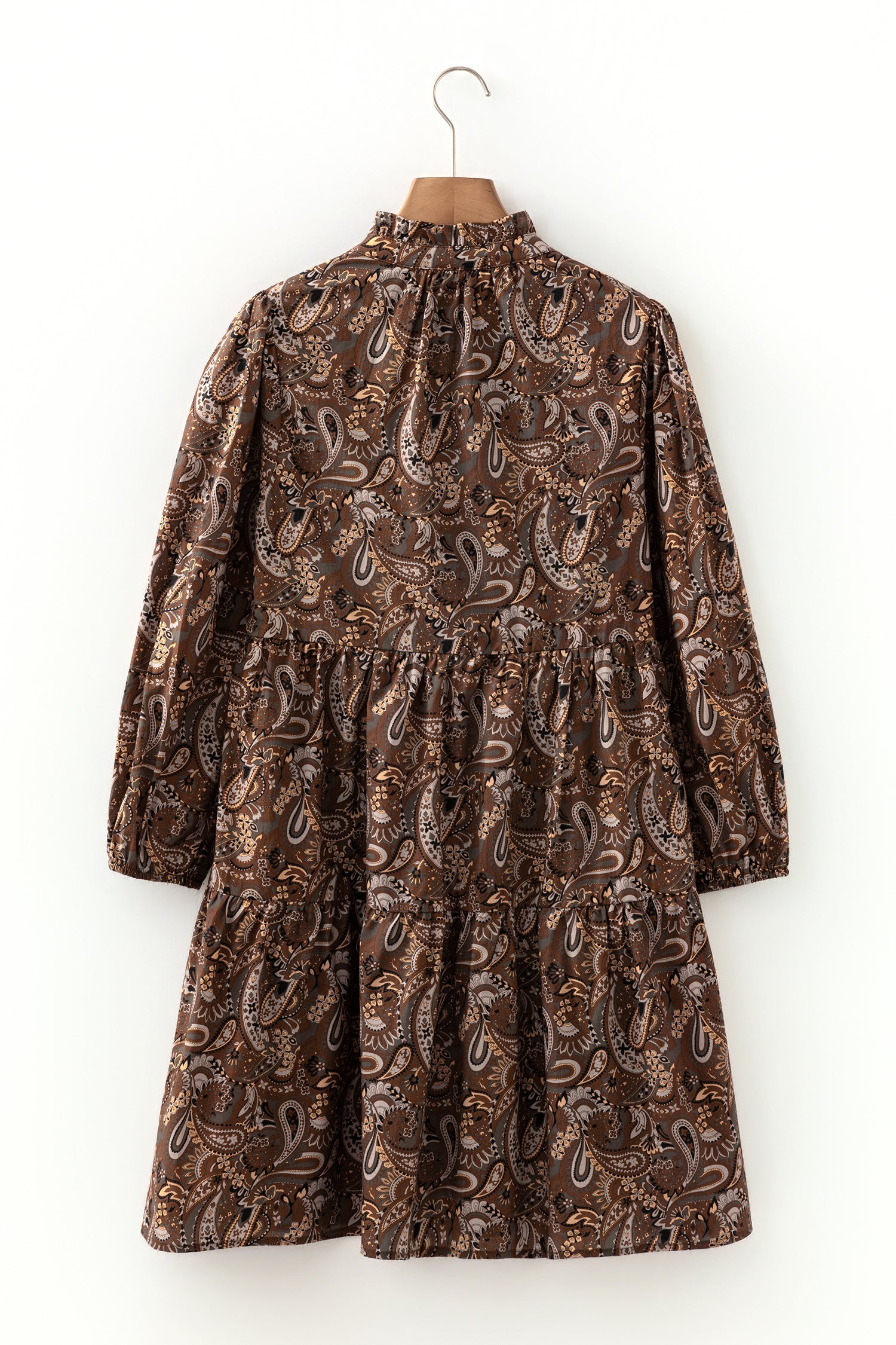 Brown Paisley Print Half Buttons Puff Sleeve Flowy Short Dress 🇺🇸
