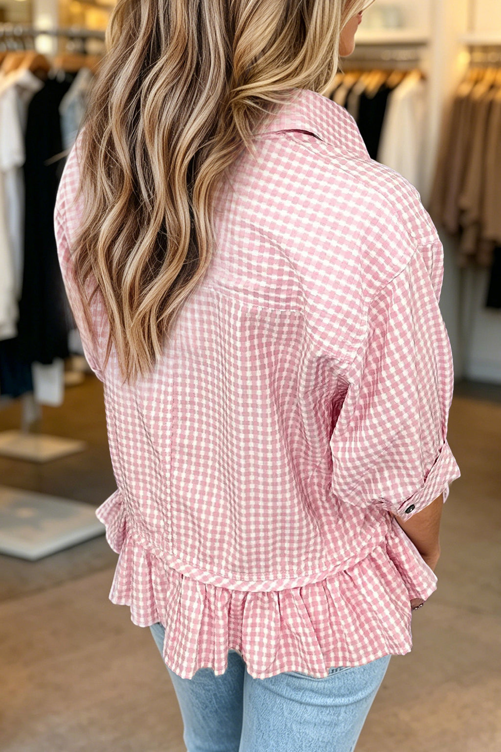 Pink Plaid Half Sleeve Ruffle Hem Button Down Shirt 🇺🇸