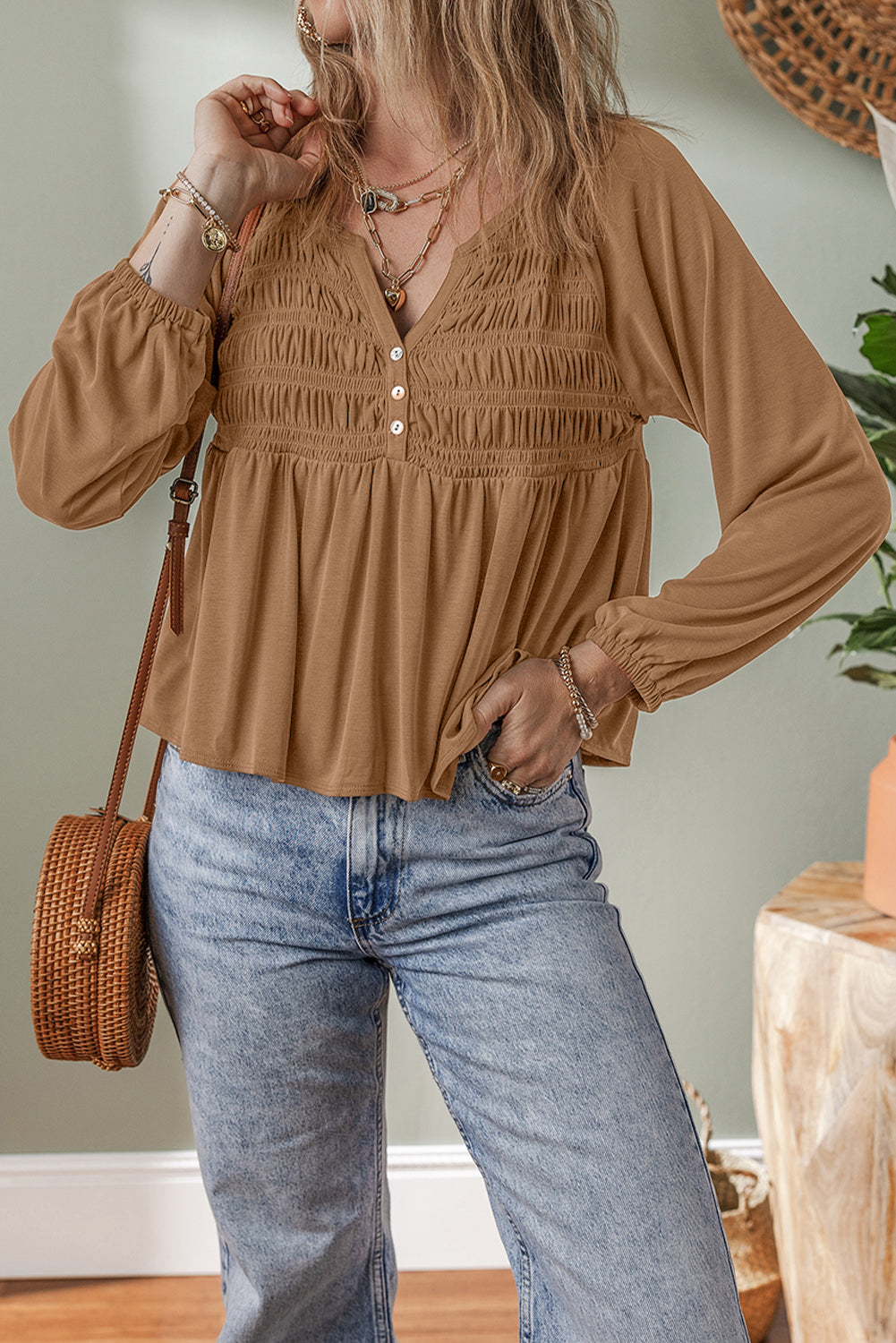 Cinnamon Smocked Bust Buttoned Split V Neck Flow Fit Blouse 🇺🇸