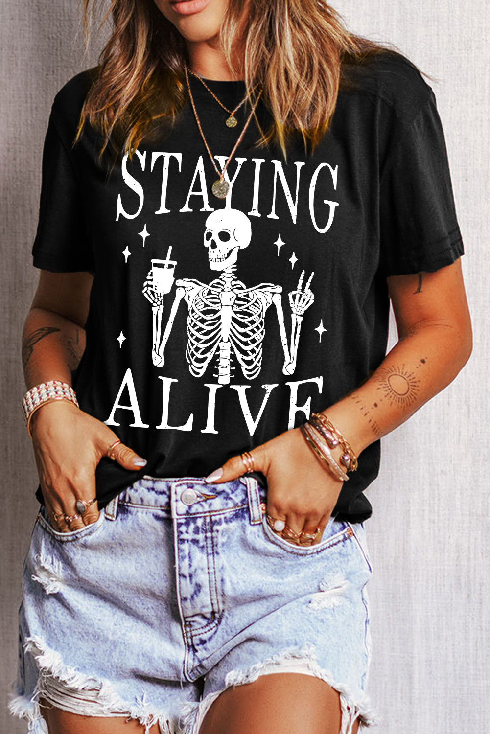 Black STAYING ALIVE Funny Skeleton Print Round Neck T Shirt 🇺🇸