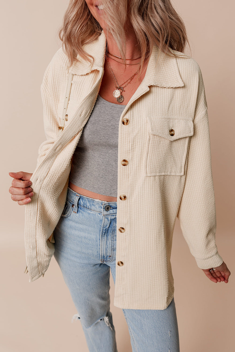 Oatmeal Corduroy Flap Pocket Button Up Shacket 🇺🇲