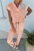 Apricot Pink Solid Color V Neck Tee Drawstring Pant Set 🇺🇸