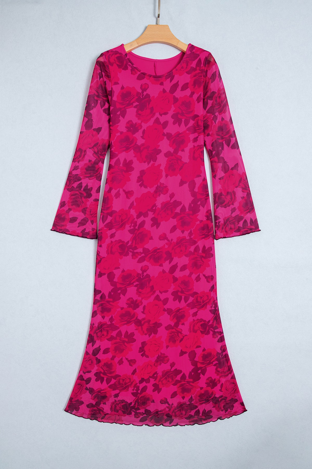 Red Floral Print Cuff Hem Serging Long Sleeve Sheath Dress 🇺🇸