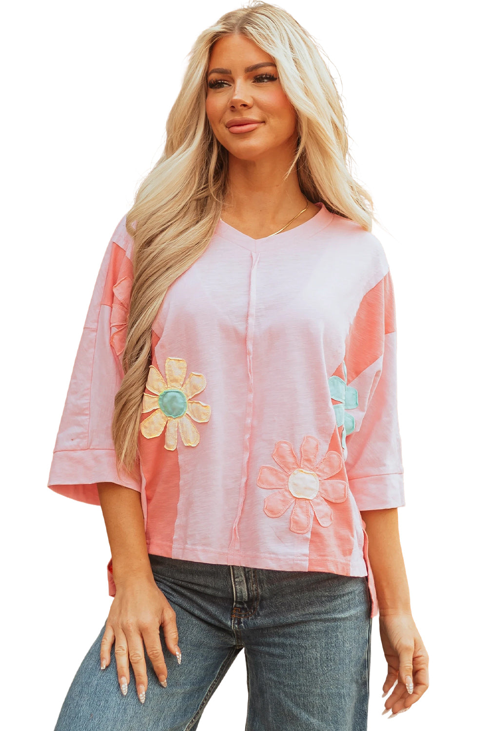 Pink Flower Patched Exposed Seam Bracelet Sleeve Oversized T Shirt 🇺🇲