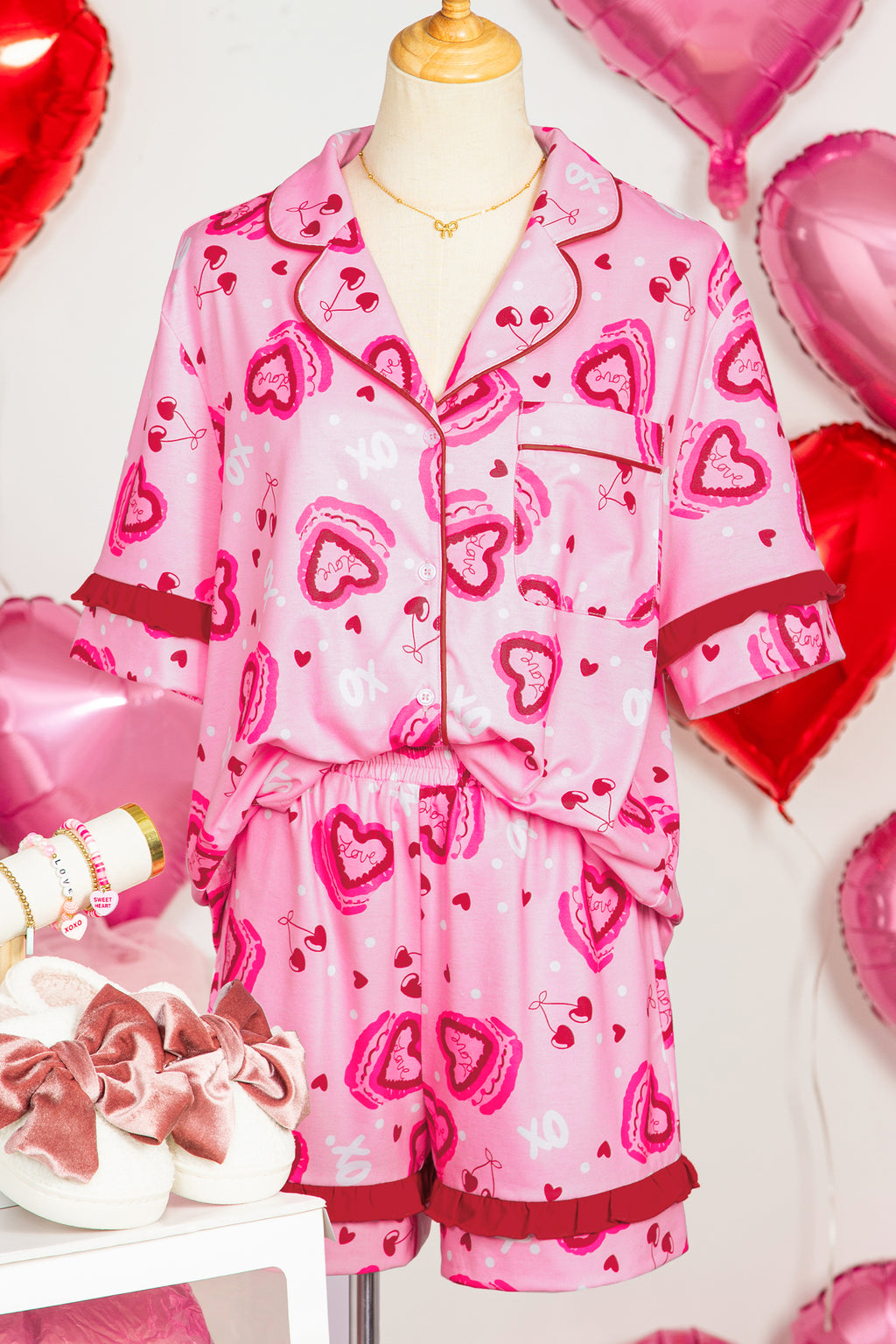 Pink Sweet Heart Cake Print Contrast Ruffle Trim Valentines 2pcs Pajama Set 🇺🇸