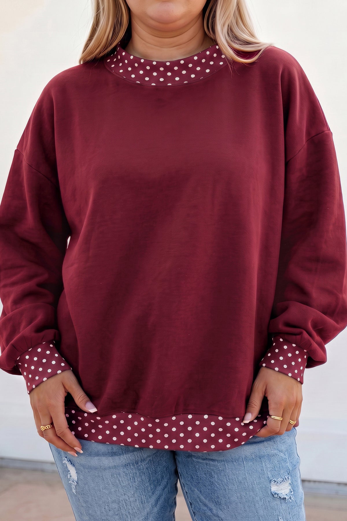 Burgundy Polka Dot Patchwork Round Neck Plus Size Sweatshirt 🇺🇸