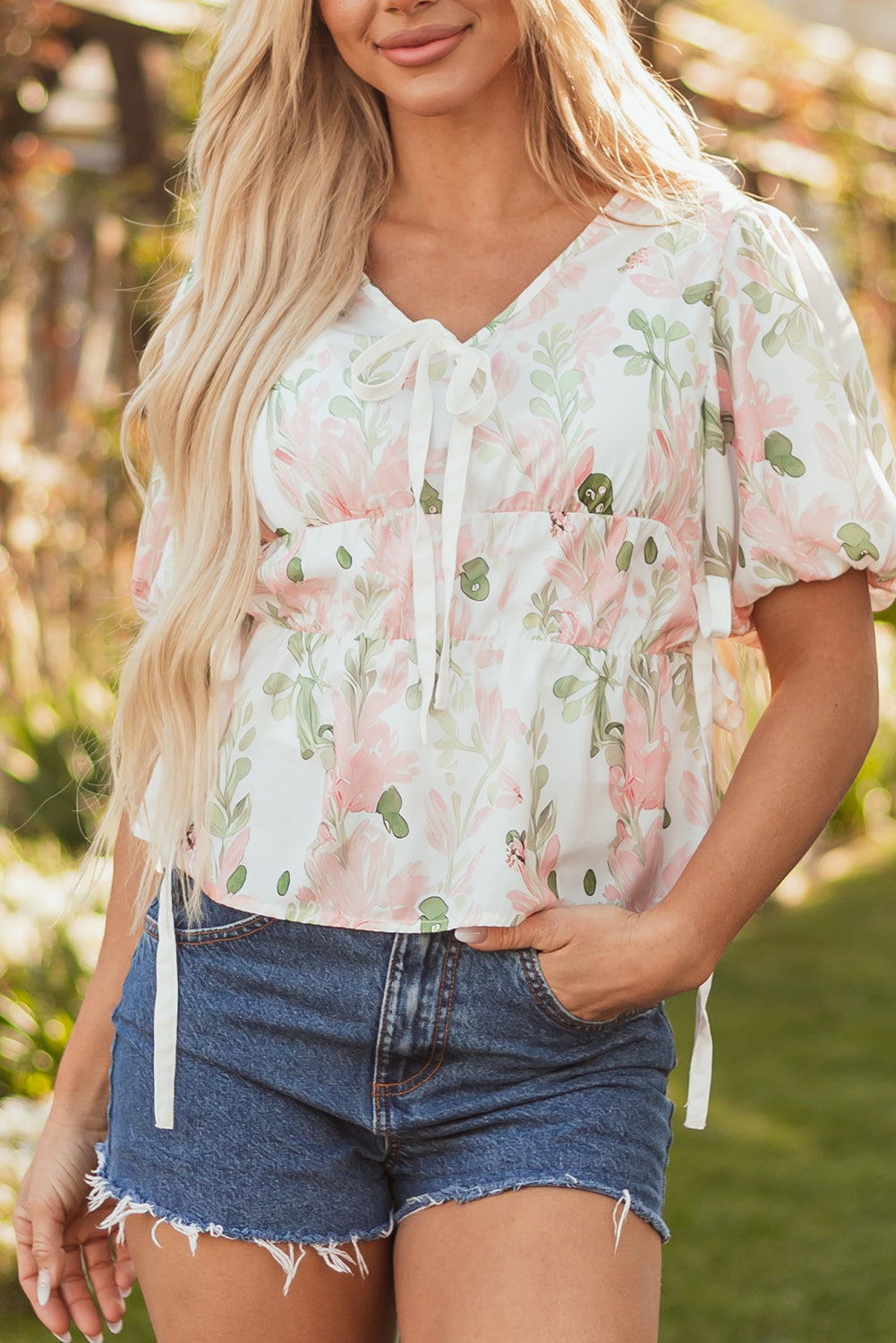 Pink Floral Puff Sleeve V Neck Tied Front Peplum Blouse 🇨🇳