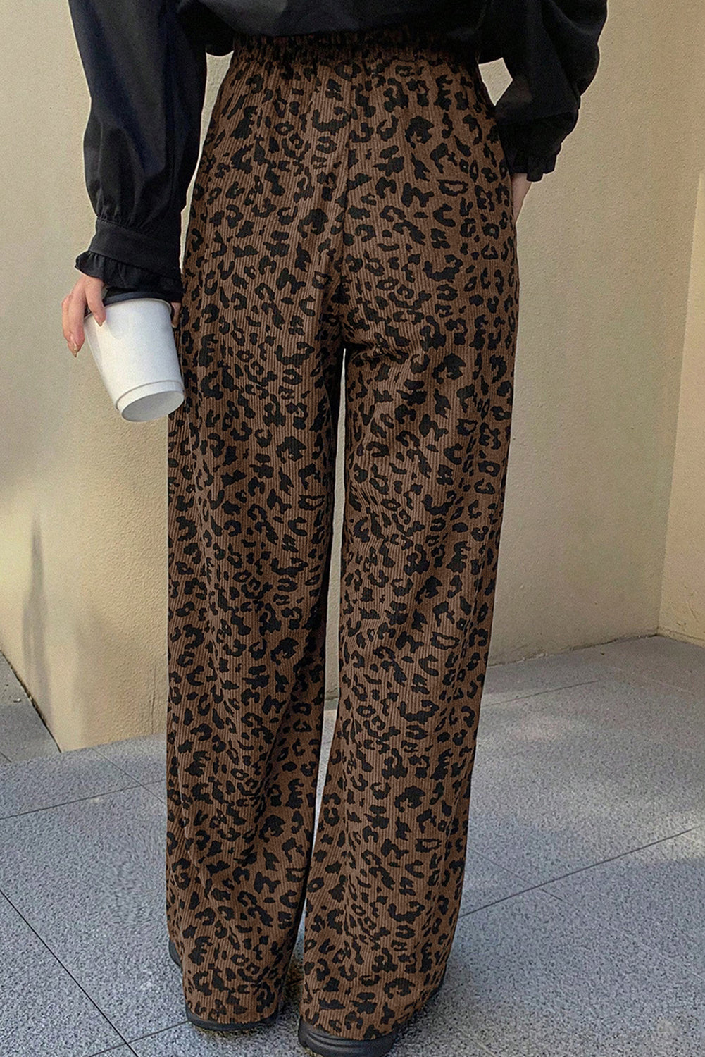 Dark Brown Leopard Print Elastic High Waist Loose Corduroy Pants 🇺🇸