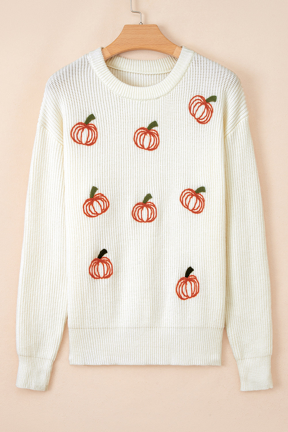 Beige Pumpkin Embroidered Ribbed Thanksgiving Halloween Holiday Sweater 🇺🇸
