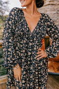 Black Floral Deep V Neck Smocked Bust Bubble Sleeve Babydoll Dress 🇺🇸