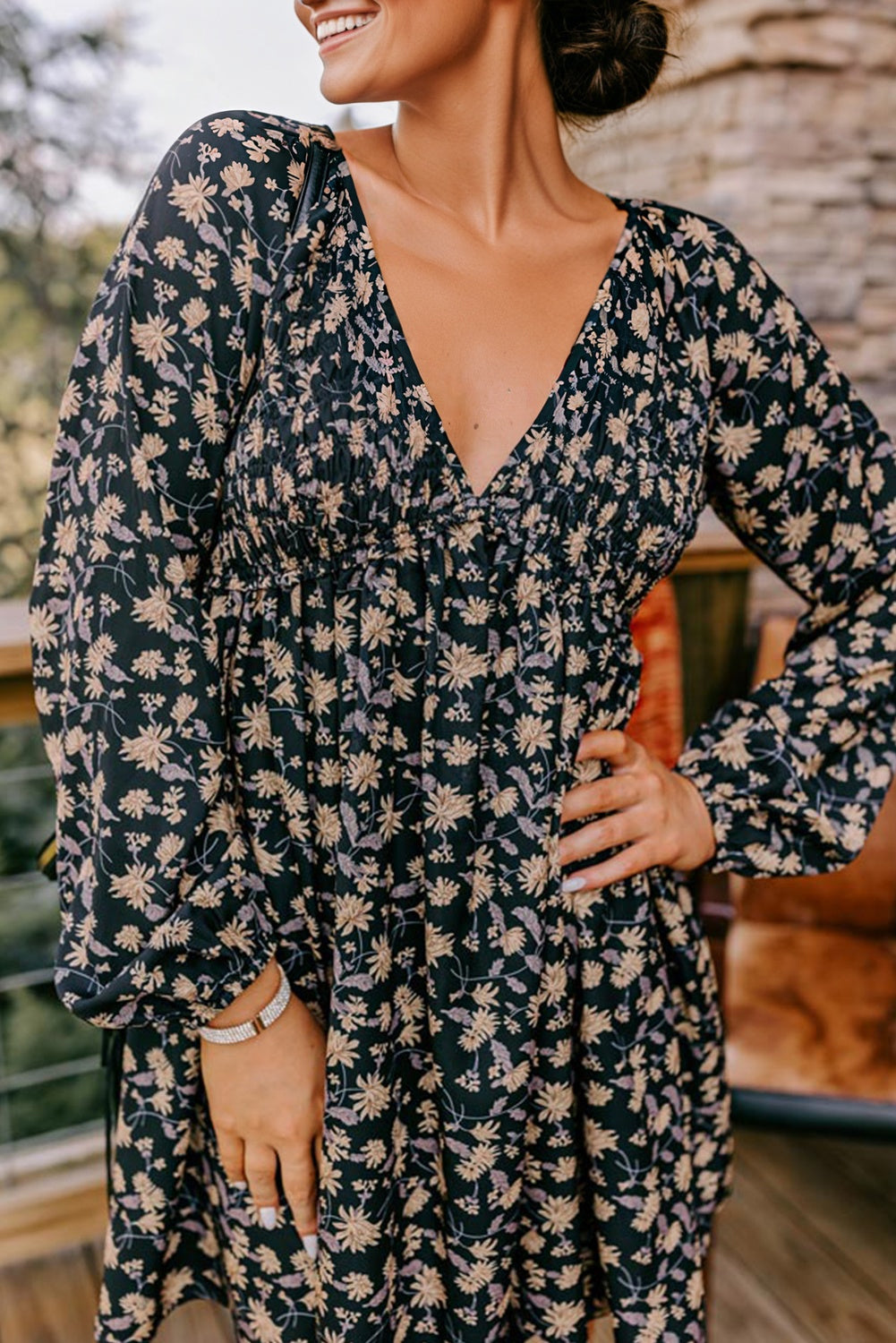 Black Floral Deep V Neck Smocked Bust Bubble Sleeve Babydoll Dress 🇺🇸