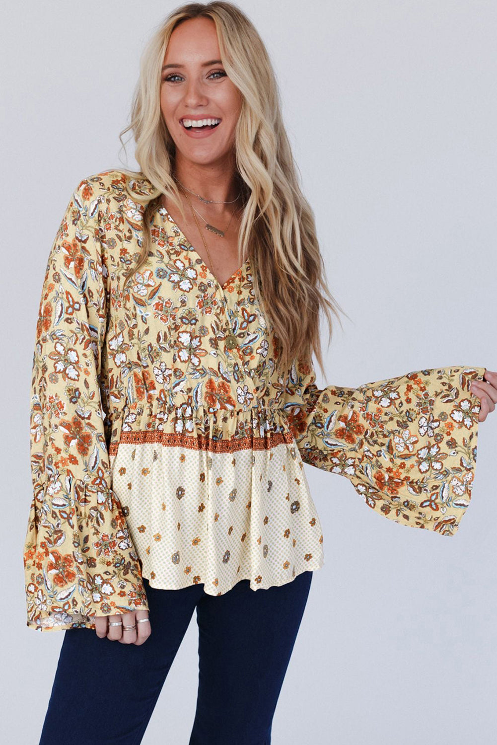 Yellow Printed Floral Bell Sleeve V Neck Wrapped Contrast Peplum Blouse 🇺🇸