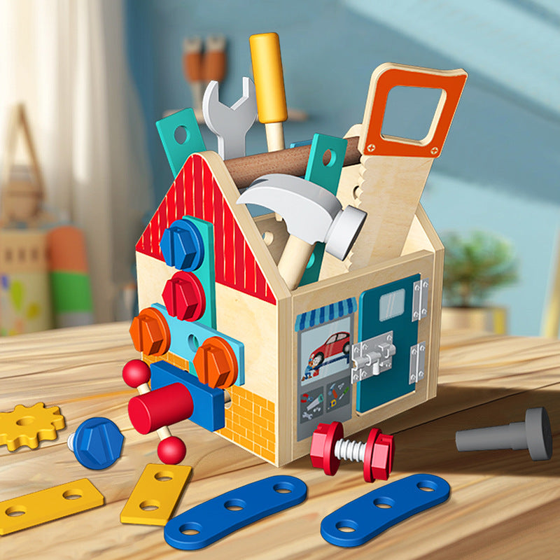 Children's wooden multifunctional toolbox, busy block, screw and nut removal, hand-held tool, blue puzzle toy 🇨🇳