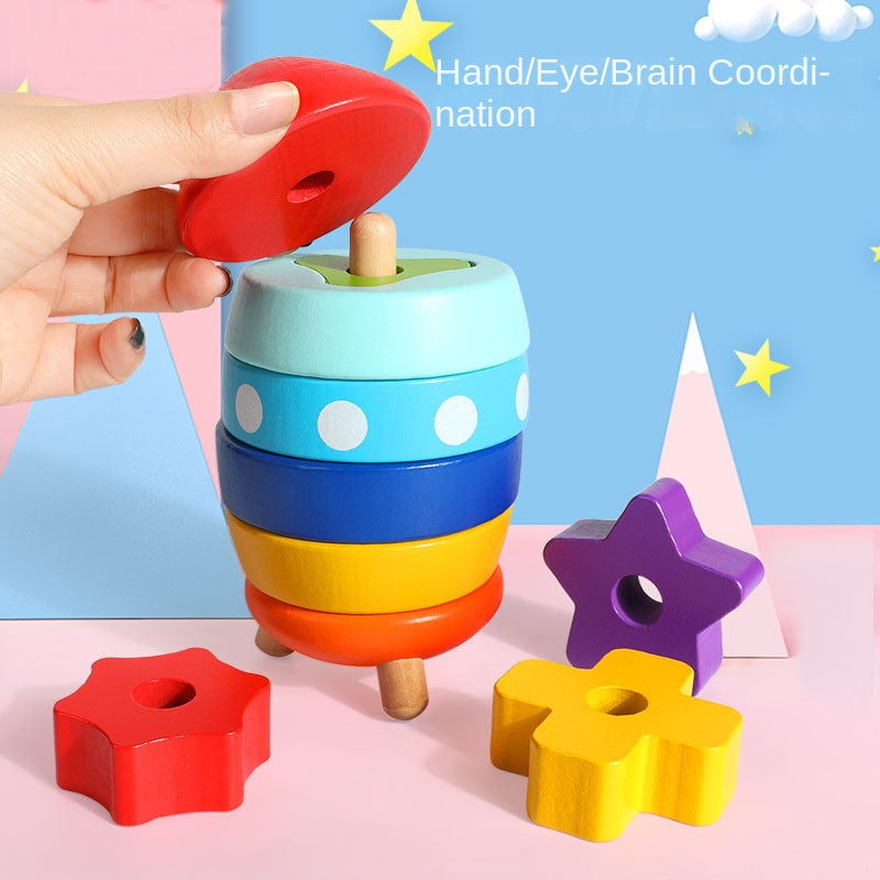Stacked Rocket Wooden Children's Shape Matching Cognitive Geometry Toy Rainbow Tower Circle Stacked Music Collar Ring 🇨🇳